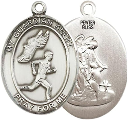 Medium Women's Pewter Guardian Angel Track&Field- Men Pendant Necklace on 18- inch Rhodium- Plated Lite Curb Brass Chain – 3/4- inch Medal with Lobster Claw Clasp, Catholic Medal – Velvet Gift Box Included