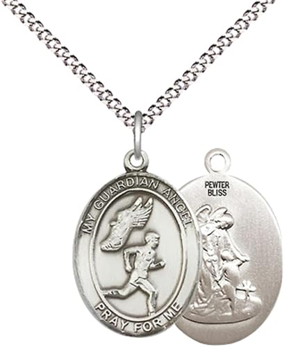 Medium Women's Pewter Guardian Angel Track&Field- Men Pendant Necklace on 18- inch Rhodium- Plated Lite Curb Brass Chain – 3/4- inch Medal with Lobster Claw Clasp, Catholic Medal – Velvet Gift Box Included