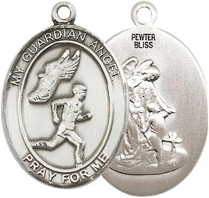 Everlasting Light Jewelry Medium Men's Pewter Guardian Angel Track&Field- Men Medal Pendant on 24 Inch Endless Rhodium Plated Heavy Curb Chain, Catholic Religious Necklace - Made in USA- Velvet Gift Box