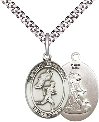Everlasting Light Jewelry Medium Men's Pewter Guardian Angel Track&Field- Men Medal Pendant on 24 Inch Endless Rhodium Plated Heavy Curb Chain, Catholic Religious Necklace - Made in USA- Velvet Gift Box