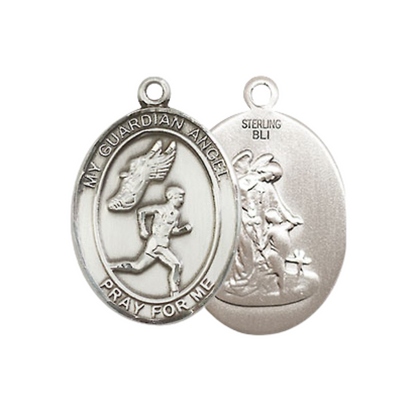 Everlasting Light Jewelry Medium Women's .925 Sterling Silver Guardian Angel Track&Field- Men Pendant Necklace on 18- inch Rhodium- Plated Lite Curb Brass Chain, Catholic Medal – Velvet Gift Box Included