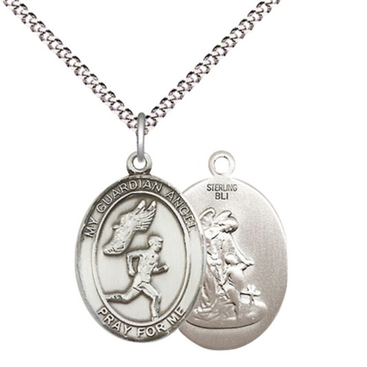 Everlasting Light Jewelry Medium Women's .925 Sterling Silver Guardian Angel Track&Field- Men Pendant Necklace on 18- inch Rhodium- Plated Lite Curb Brass Chain, Catholic Medal – Velvet Gift Box Included