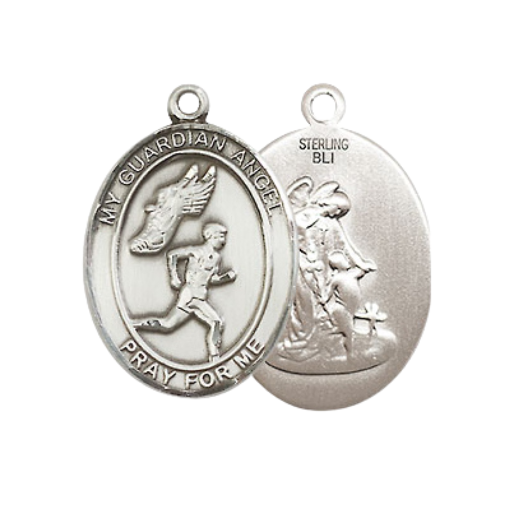 Medium Mens .925 Sterling Silver Guardian Angel Track&Field- Men Medal Pendant on 24 Inch Rhodium Plated Heavy Curb Brass Chain w/ Lobster Claw Clasp, Catholic Religious Necklace - Made in USA- Gift Boxed