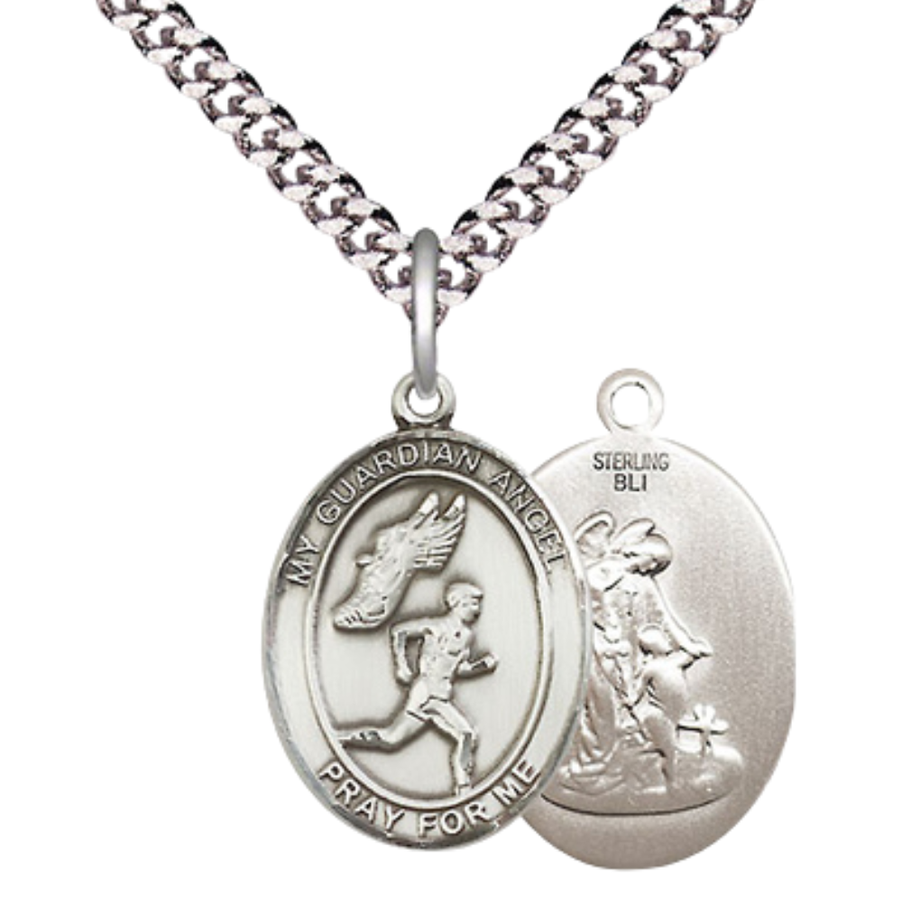 Medium Men's .925 Sterling Silver Guardian Angel Track&Field- Men Medal Pendant on 24 Inch Endless Rhodium Plated Heavy Curb Chain, Catholic Religious Necklace - Made in USA- Velvet Gift Box