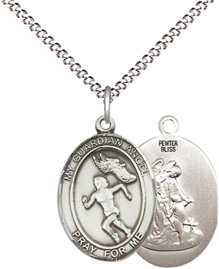 Medium Women's Pewter Guardian Angel Track&Field Pendant Necklace on 18- inch Rhodium- Plated Lite Curb Brass Chain – 3/4- inch Medal with Lobster Claw Clasp, Catholic Medal – Velvet Gift Box Included