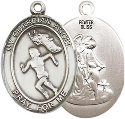 Everlasting Light Jewelry Medium Men's Pewter Guardian Angel Track&Field Medal Pendant on 24 Inch Endless Rhodium Plated Heavy Curb Chain, Catholic Religious Necklace - Made in USA- Velvet Gift Box