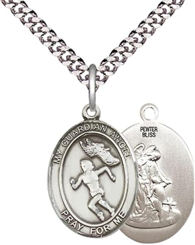 Everlasting Light Jewelry Medium Men's Pewter Guardian Angel Track&Field Medal Pendant on 24 Inch Endless Rhodium Plated Heavy Curb Chain, Catholic Religious Necklace - Made in USA- Velvet Gift Box