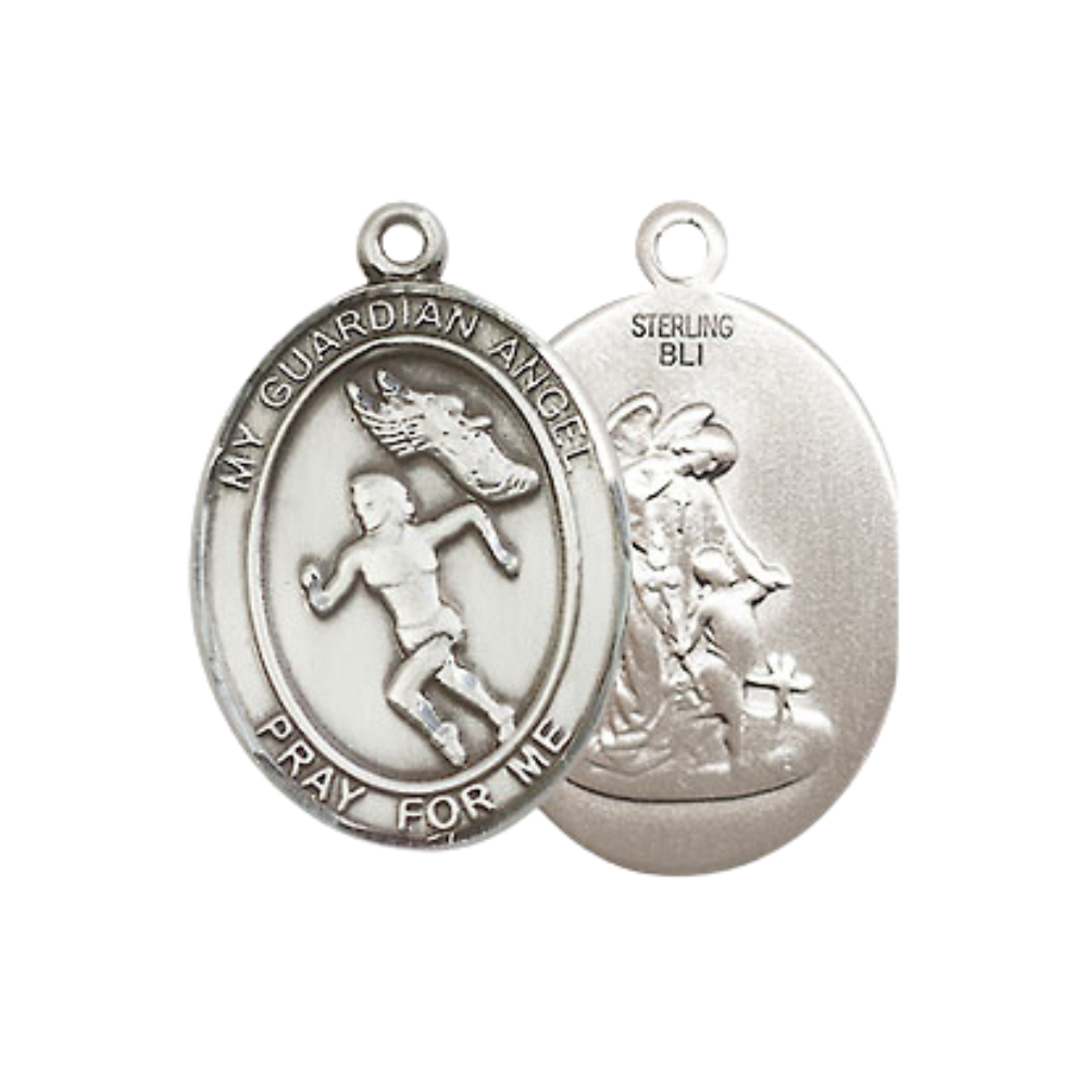 Everlasting Light Jewelry Medium Women's .925 Sterling Silver Guardian Angel Track & Field Pendant Necklace on 18- inch Rhodium- Plated Lite Curb Brass Chain, Catholic Medal – Velvet Gift Box Included