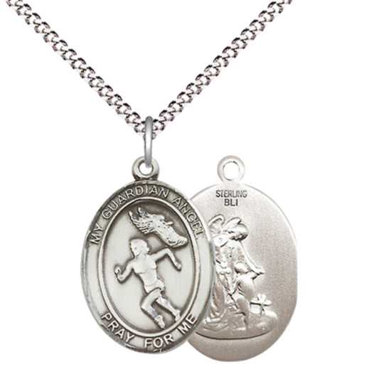 Everlasting Light Jewelry Medium Women's .925 Sterling Silver Guardian Angel Track & Field Pendant Necklace on 18- inch Rhodium- Plated Lite Curb Brass Chain, Catholic Medal – Velvet Gift Box Included