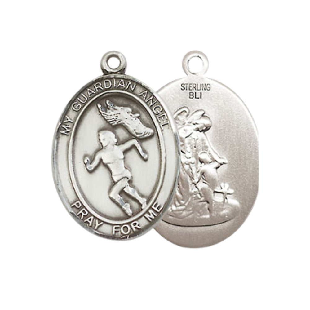 Medium Men's .925 Sterling Silver Guardian Angel Track&Field Medal Pendant on 24 Inch Endless Rhodium Plated Heavy Curb Chain, Catholic Religious Necklace - Made in USA- Velvet Gift Box