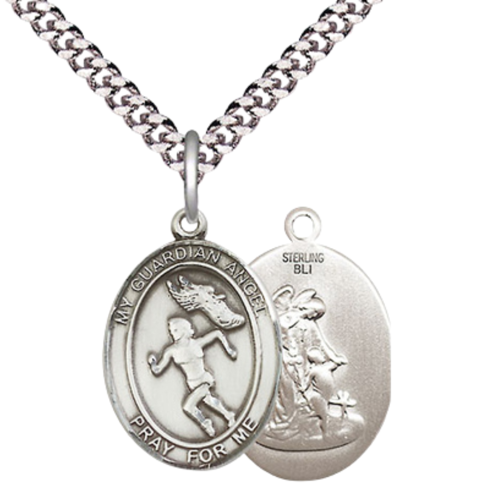 Mens Medium Oval Pewter Guardian Angel Track&Field Medal Pendant on 24" Rhodium Plated Heavy Curb Brass Chain w/ Lobster Claw Clasp, Catholic Religious Necklace -Made in USA-Velvet Gift Box