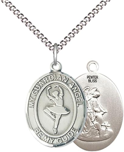Everlasting Light Jewelry Medium Women's Pewter Guardian Angel Dance Pendant Necklace on 18- inch Rhodium- Plated Lite Curb Brass Chain – 3/4- inch Medal with Lobster Claw Clasp, Catholic Medal – Velvet Gift Box Included
