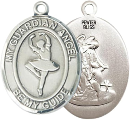 Everlasting Light Jewelry Medium Men's Pewter Guardian Angel Dance Medal Pendant on 24 Inch Endless Rhodium Plated Heavy Curb Brass Chain, Catholic Religious Necklace - Made in USA- Deluxe Velvet Gift Box