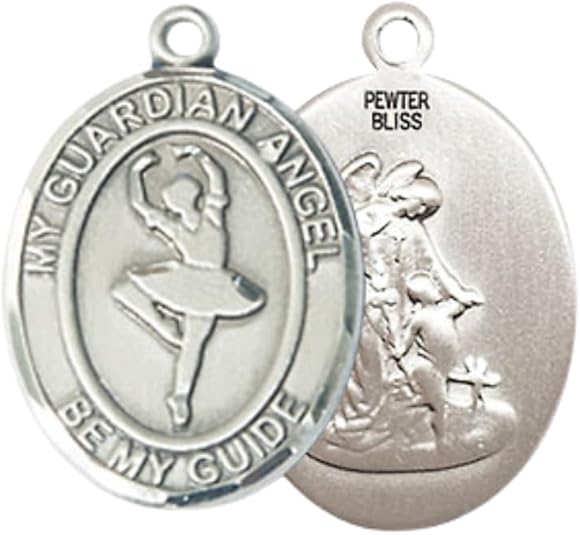 Everlasting Light Jewelry Medium Men's Pewter Guardian Angel Dance Medal Pendant on 24 Inch Endless Rhodium Plated Heavy Curb Brass Chain, Catholic Religious Necklace - Made in USA- Deluxe Velvet Gift Box