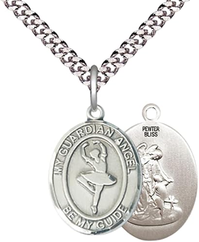 Everlasting Light Jewelry Medium Men's Pewter Guardian Angel Dance Medal Pendant on 24 Inch Endless Rhodium Plated Heavy Curb Brass Chain, Catholic Religious Necklace - Made in USA- Deluxe Velvet Gift Box