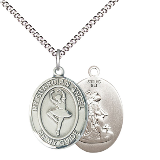 Everlasting Light Jewelry Medium Women's .925 Sterling Silver Guardian Angel Dance Pendant Necklace on 18- inch Rhodium- Plated Lite Curb Brass Chain, Catholic Medal – Velvet Gift Box Included