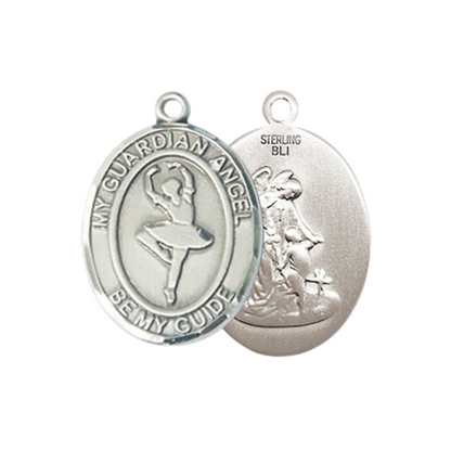 Everlasting Light Jewelry Medium Men's .925 Sterling Silver Guardian Angel Dance Medal Pendant on 24 Inch Endless Rhodium Plated Heavy Curb Chain,Catholic Religious Necklace -Made in USA- Velvet Gift Box
