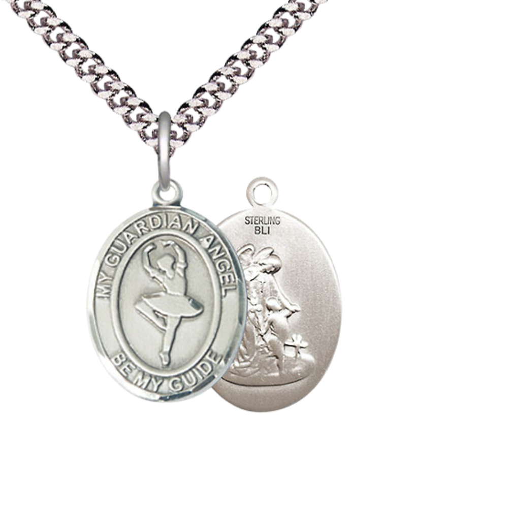 Everlasting Light Jewelry Medium Men's .925 Sterling Silver Guardian Angel Dance Medal Pendant on 24 Inch Endless Rhodium Plated Heavy Curb Chain,Catholic Religious Necklace -Made in USA- Velvet Gift Box