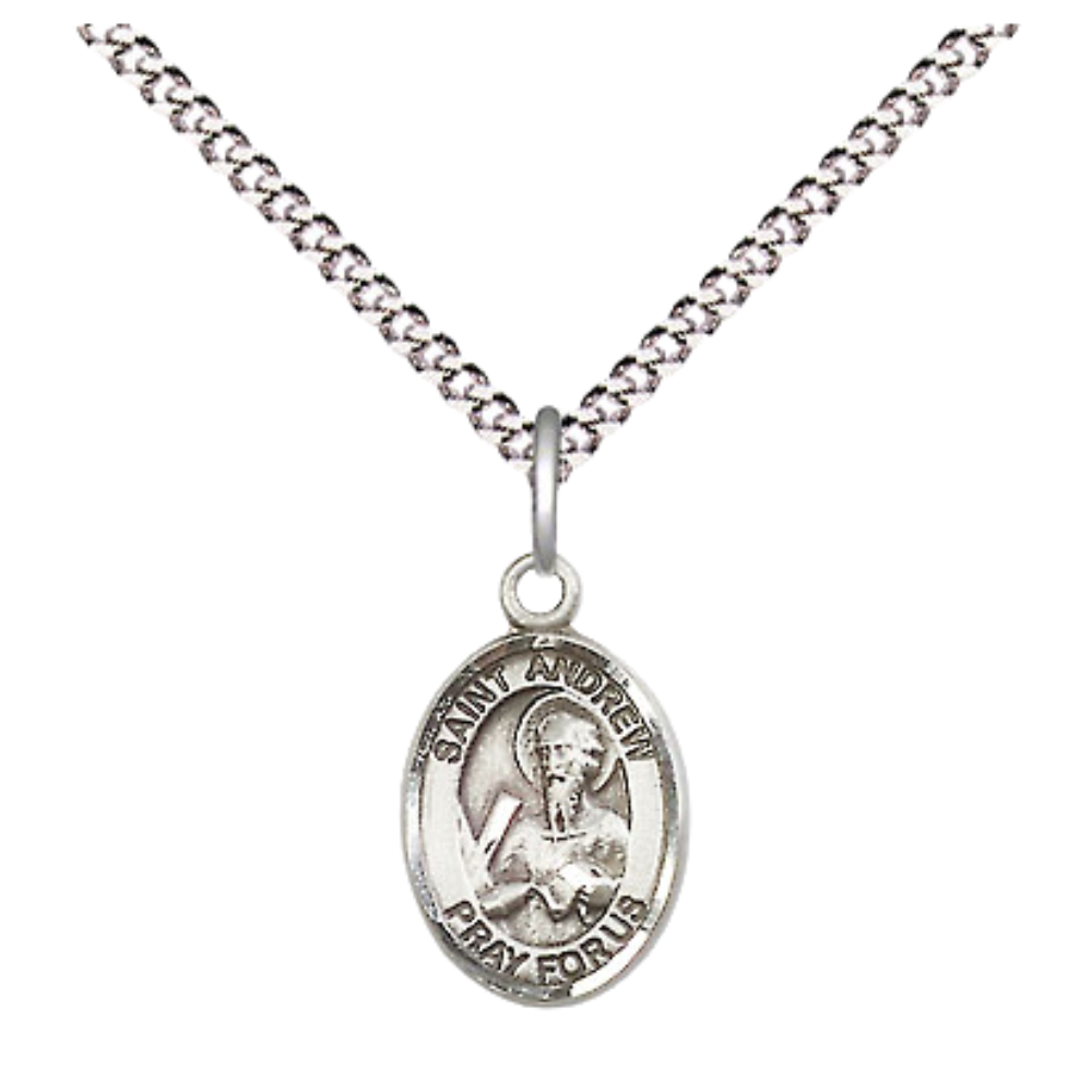 Small Sized Women's Pewter Saint St. Andrew the Apostle Medal Pendant on 18 Inch Rhodium Plated Lite Curb Brass Chain with Lobster Claw Clasp, Catholic Religious Necklace - Made in USA- Velvet Gift Box