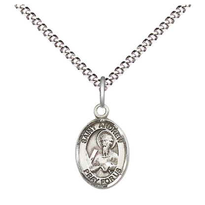 Small Sized Women's Pewter Saint St. Andrew the Apostle Medal Pendant on 18 Inch Rhodium Plated Lite Curb Brass Chain with Lobster Claw Clasp, Catholic Religious Necklace - Made in USA- Velvet Gift Box
