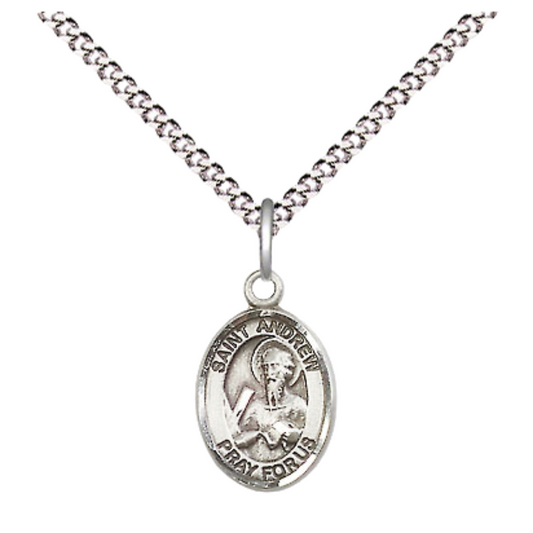 Small Sized Women's Pewter Saint St. Andrew the Apostle Medal Pendant on 18 Inch Rhodium Plated Lite Curb Brass Chain with Lobster Claw Clasp, Catholic Religious Necklace - Made in USA- Velvet Gift Box