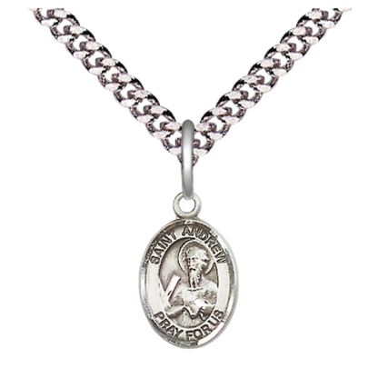 Small Sized Men's .925 Sterling Silver Saint St. Andrew the Apostle Medal Pendant on 24 Inch Endless Rhodium Plated Heavy Curb Brass Chain, Catholic Religious Necklace - Made in USA- Deluxe Velvet Gift Box