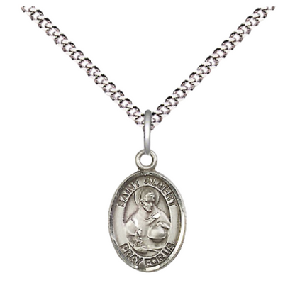 Small Sized Women's Pewter Saint St. Albert the Great Medal Pendant on 18 Inch Rhodium Plated Lite Curb Brass Chain with Lobster Claw Clasp, Catholic Religious Necklace - Made in USA- Velvet Gift Box