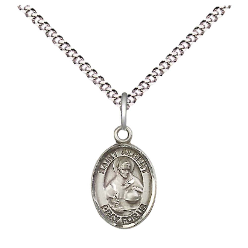 Small Sized Women's Pewter Saint St. Albert the Great Medal Pendant on 18 Inch Rhodium Plated Lite Curb Brass Chain with Lobster Claw Clasp, Catholic Religious Necklace - Made in USA- Velvet Gift Box