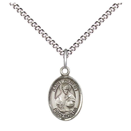 Small Sized Women's .925 Sterling Silver Saint St. Albert the Great Medal Pendant on 18 Inch Rhodium Plated Lite Curb Brass Chain with Lobster Claw Clasp, Catholic Religious Necklace - Made in USA- Velvet Gift Box