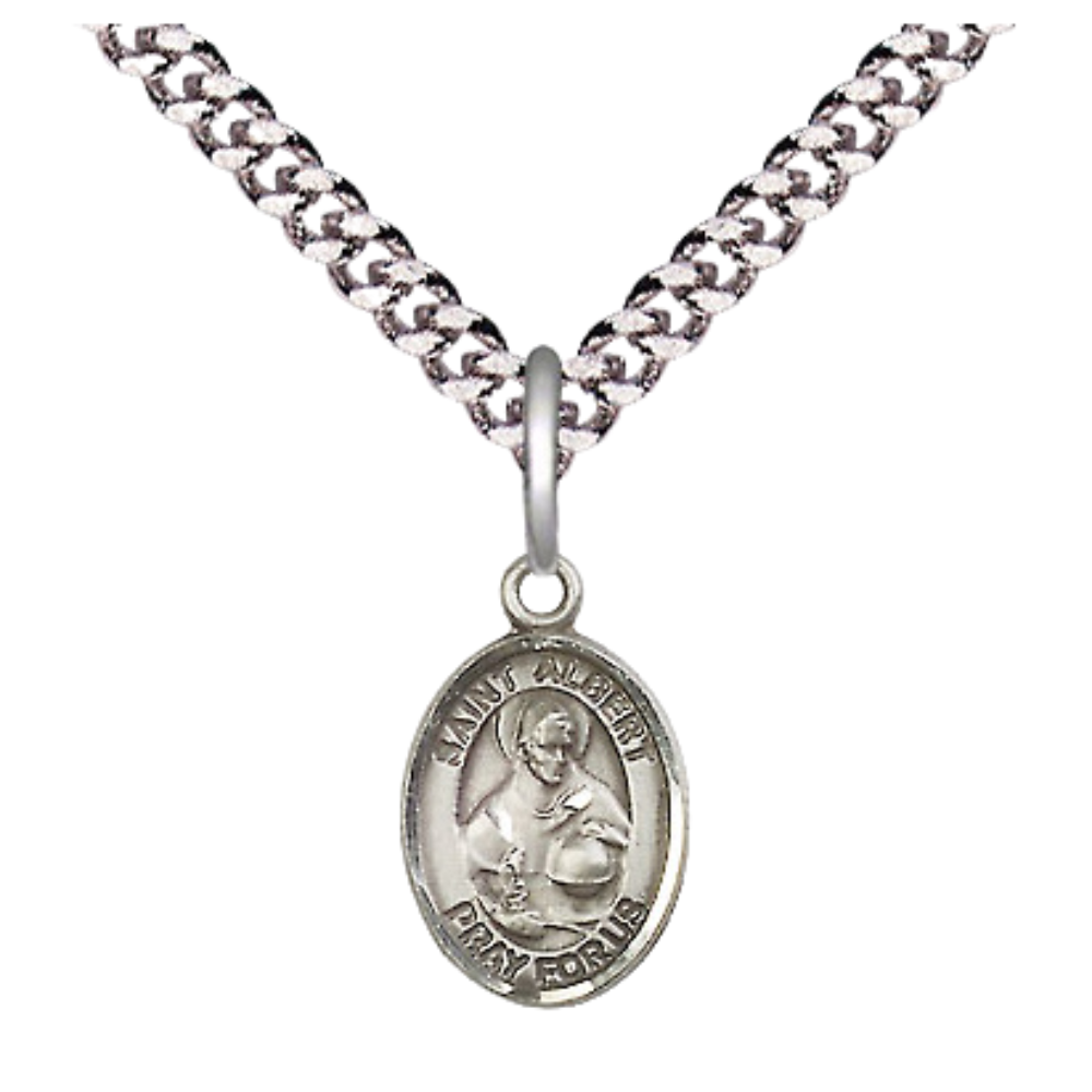 Small Sized Men's Pewter Saint St. Albert the Great Medal Pendant on 24 Inch Endless Rhodium Plated Heavy Curb Brass Chain, Catholic Religious Necklace - Made in USA- Deluxe Velvet Gift Box