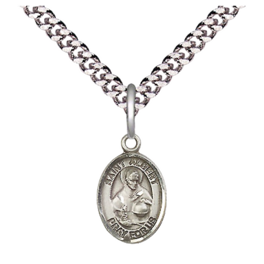 Small Sized Men's Pewter Saint St. Albert the Great Medal Pendant on 24 Inch Endless Rhodium Plated Heavy Curb Brass Chain, Catholic Religious Necklace - Made in USA- Deluxe Velvet Gift Box