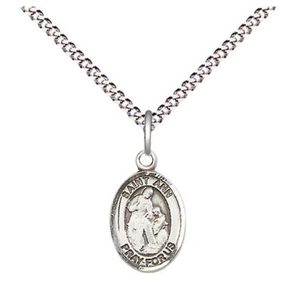 Small Sized Women's Pewter Saint St. Ann Medal Pendant on 18 Inch Rhodium Plated Lite Curb Brass Chain with Lobster Claw Clasp, Catholic Religious Necklace - Made in USA- Velvet Gift Box