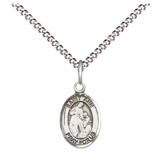 Small Sized Women's Pewter Saint St. Ann Medal Pendant on 18 Inch Rhodium Plated Lite Curb Brass Chain with Lobster Claw Clasp, Catholic Religious Necklace - Made in USA- Velvet Gift Box