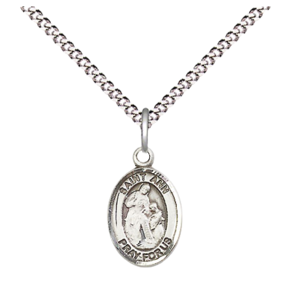 Small Sized Women's .925 Sterling Silver Saint St. Ann Medal Pendant on 18 Inch Rhodium Plated Lite Curb Brass Chain with Lobster Claw Clasp, Catholic Religious Necklace - Made in USA- Velvet Gift Box
