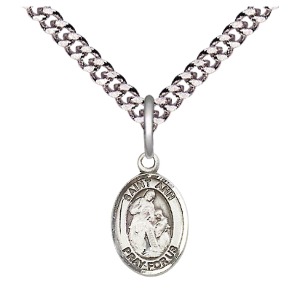 Everlasting Light Jewelry Small Sized Men's Pewter Saint St. Ann Medal Pendant on 24 Inch Endless Rhodium Plated Heavy Curb Brass Chain, Catholic Religious Necklace - Made in USA- Deluxe Velvet Gift Box