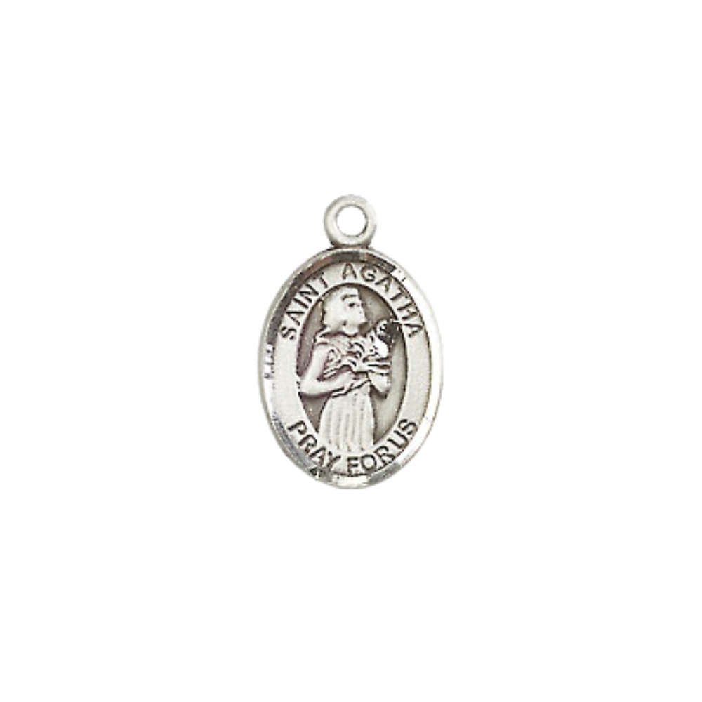 Small Sized Women's .925 Sterling Silver Saint St. Agatha Medal Pendant on 18 Inch Rhodium Plated Lite Curb Brass Chain with Lobster Claw Clasp, Catholic Religious Necklace - Made in USA- Velvet Gift Box