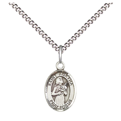 Small Sized Women's .925 Sterling Silver Saint St. Agatha Medal Pendant on 18 Inch Rhodium Plated Lite Curb Brass Chain with Lobster Claw Clasp, Catholic Religious Necklace - Made in USA- Velvet Gift Box