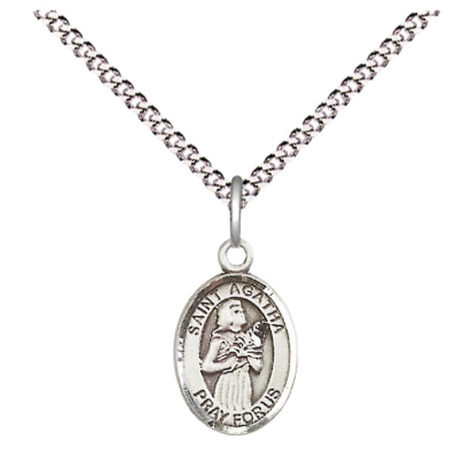 Small Sized Women's .925 Sterling Silver Saint St. Agatha Medal Pendant on 18 Inch Rhodium Plated Lite Curb Brass Chain with Lobster Claw Clasp, Catholic Religious Necklace - Made in USA- Velvet Gift Box