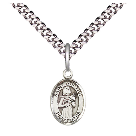 Small Sized Men's Pewter Saint St. Agatha Medal Pendant on 24 Inch Endless Rhodium Plated Heavy Curb Brass Chain, Catholic Religious Necklace - Made in USA- Deluxe Velvet Gift Box