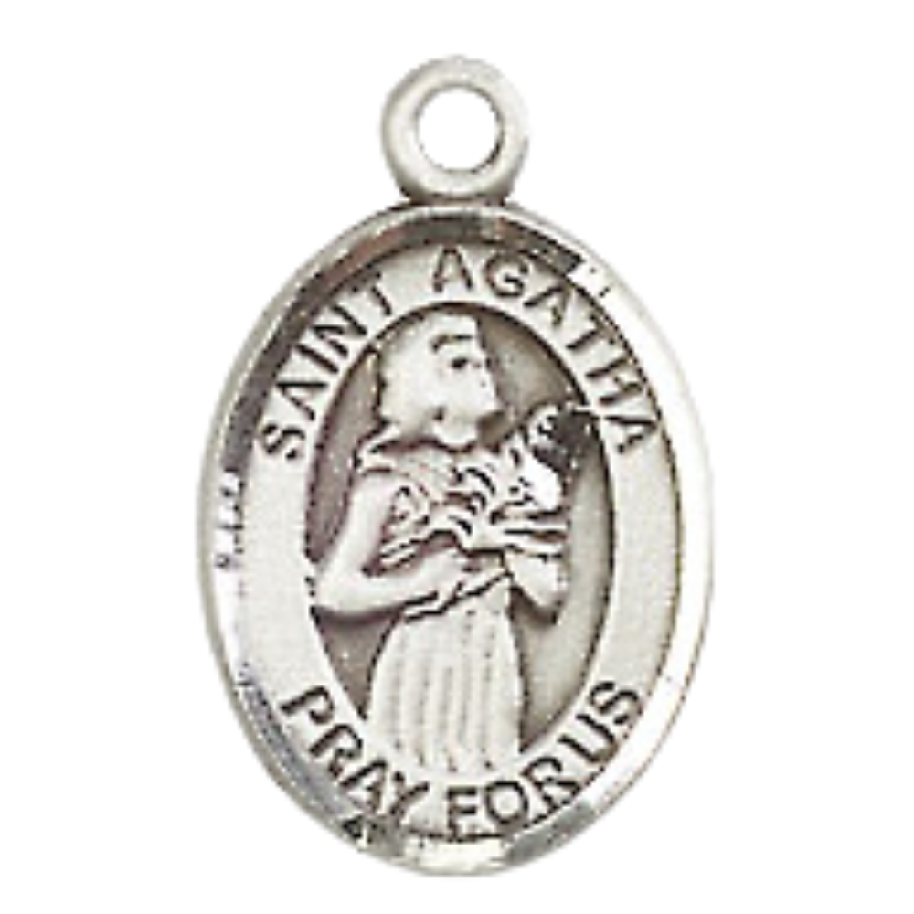 Small Sized Men's Pewter Saint St. Agatha Medal Pendant on 24 Inch Endless Rhodium Plated Heavy Curb Brass Chain, Catholic Religious Necklace - Made in USA- Deluxe Velvet Gift Box