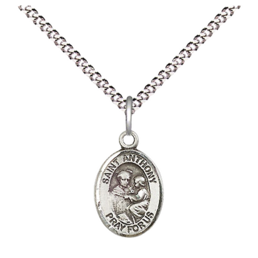 Small Sized Women's .925 Sterling Silver Saint St. Anthony of Padua Medal Pendant on 18 Inch Rhodium Plated Lite Curb Brass Chain with Lobster Claw Clasp, Catholic Religious Necklace - Made in USA- Velvet Gift Box