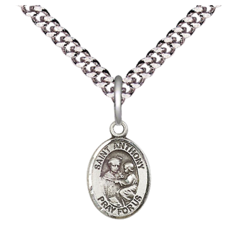 Small Sized Men's Pewter Saint St. Anthony of Padua Medal Pendant on 24 Inch Endless Rhodium Plated Heavy Curb Brass Chain, Catholic Religious Necklace - Made in USA- Deluxe Velvet Gift Box
