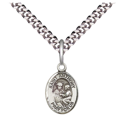 Small Sized Men's Pewter Saint St. Anthony of Padua Medal Pendant on 24 Inch Endless Rhodium Plated Heavy Curb Brass Chain, Catholic Religious Necklace - Made in USA- Deluxe Velvet Gift Box