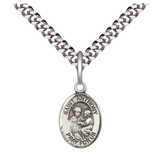 Small Sized Men's Pewter Saint St. Anthony of Padua Medal Pendant on 24 Inch Endless Rhodium Plated Heavy Curb Brass Chain, Catholic Religious Necklace - Made in USA- Deluxe Velvet Gift Box