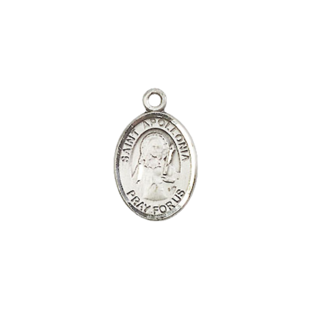 Small Sized Women's Pewter Saint St. Apollonia Medal Pendant on 18 Inch Rhodium Plated Lite Curb Brass Chain with Lobster Claw Clasp, Catholic Religious Necklace - Made in USA- Velvet Gift Box