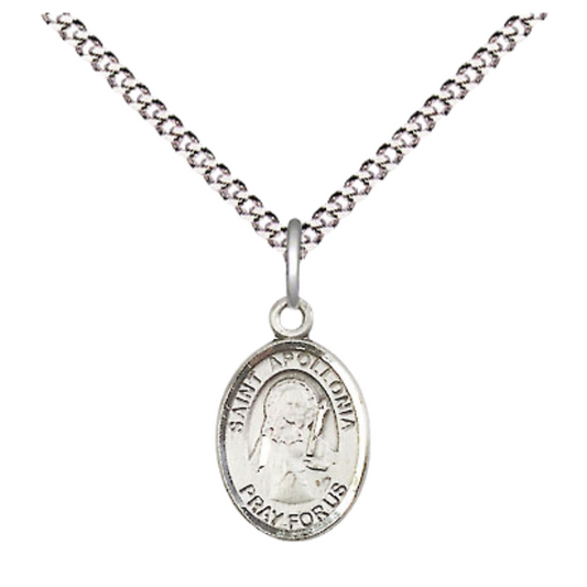 Small Sized Women's Pewter Saint St. Apollonia Medal Pendant on 18 Inch Rhodium Plated Lite Curb Brass Chain with Lobster Claw Clasp, Catholic Religious Necklace - Made in USA- Velvet Gift Box