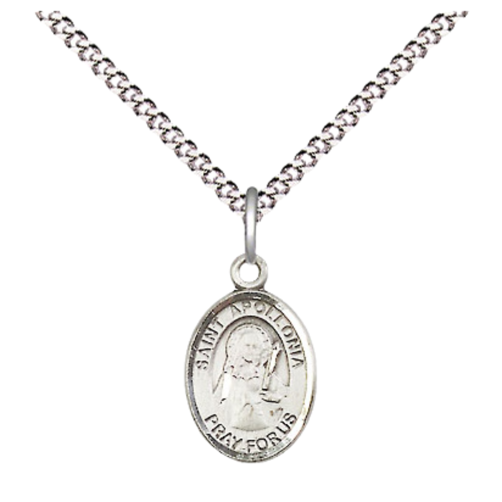 Small Sized Women's .925 Sterling Silver Saint St. Apollonia Medal Pendant on 18 Inch Rhodium Plated Lite Curb Brass Chain with Lobster Claw Clasp, Catholic Religious Necklace - Made in USA- Velvet Gift Box