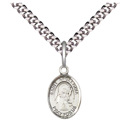 Small Sized Men's Pewter Saint St. Apollonia Medal Pendant on 24 Inch Endless Rhodium Plated Heavy Curb Brass Chain, Catholic Religious Necklace - Made in USA- Deluxe Velvet Gift Box