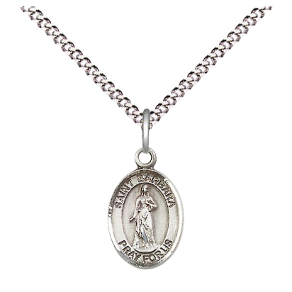 Small Sized Women's Pewter Saint St. Barbara Medal Pendant on 18 Inch Rhodium Plated Lite Curb Brass Chain with Lobster Claw Clasp, Catholic Religious Necklace - Made in USA- Velvet Gift Box