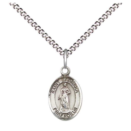 Small Sized Women's Pewter Saint St. Barbara Medal Pendant on 18 Inch Rhodium Plated Lite Curb Brass Chain with Lobster Claw Clasp, Catholic Religious Necklace - Made in USA- Velvet Gift Box